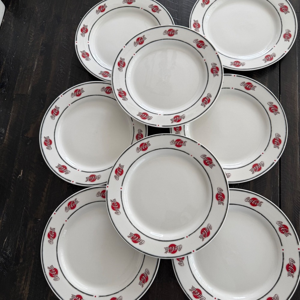 Coca-Cola Sakura Stoneware Dinner Plates 2002 Red Disc Logo Set of‎ 8 Vintage